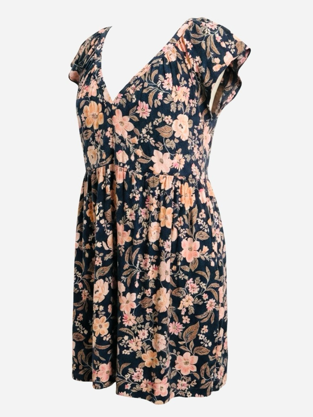 Old Navy Black Floral V-Neck Short Sleeve Dress with Peach Blooms Size XS